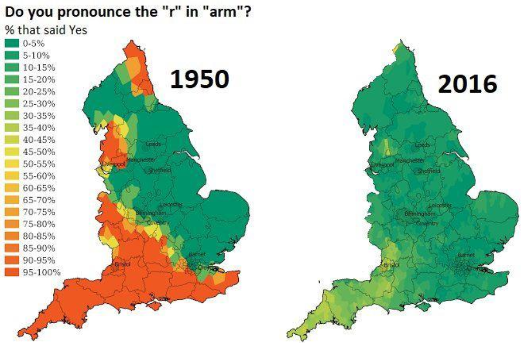 آمار جالبی از حذف حرف "R" از لهجه مردم انگلیس + نقشه 